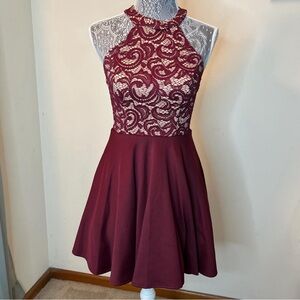 Elegant Lace Halter Dress - Burgundy